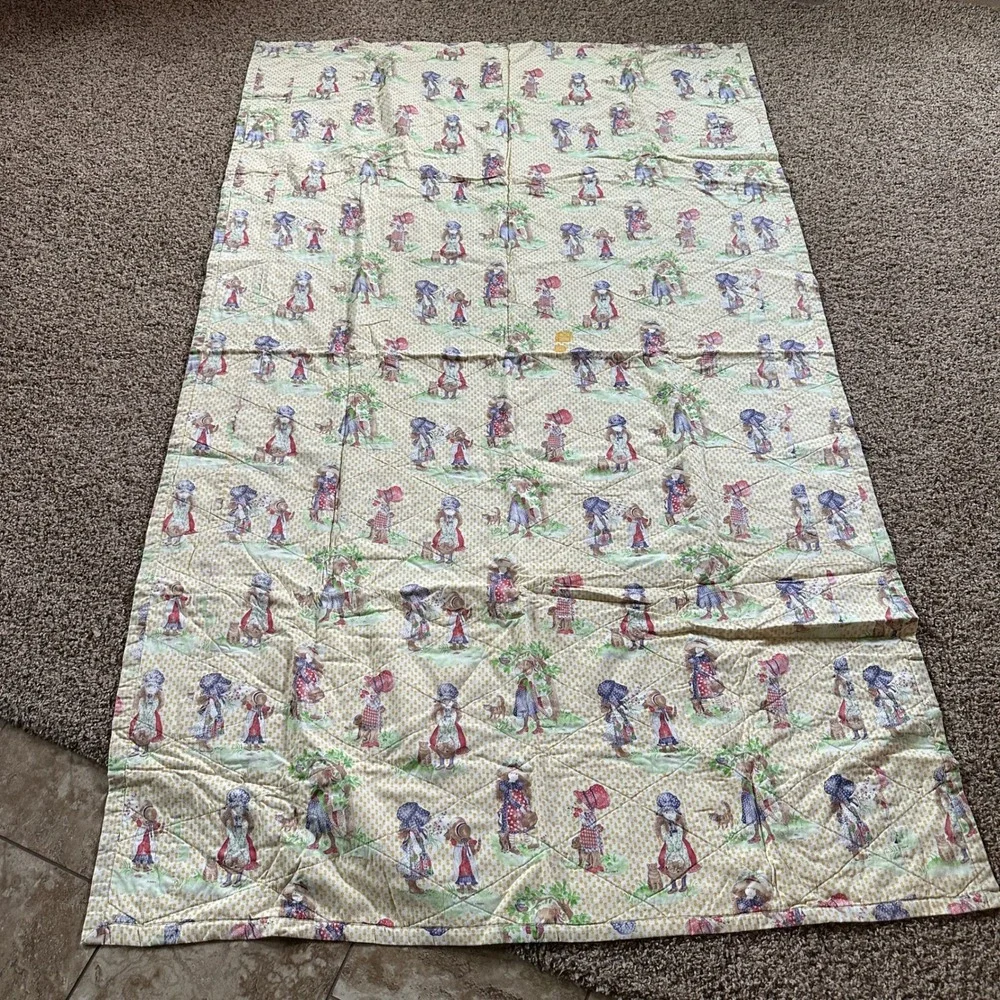 Vintage Holly Hobbie Fabric Quilt Twin‎ Children Playing Yellow Floral Pattern